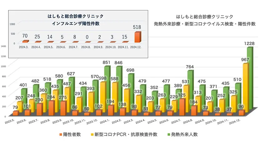 はしもと総合診療クリニック 発熱外来診療・検査・陽性件数（2023.5～2024.12）