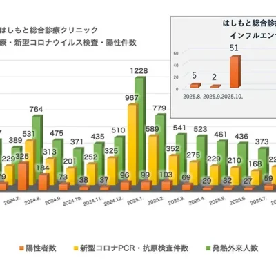 発熱外来診療・検査・陽性件数(2024.3~2025.10)
