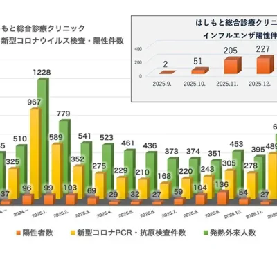 発熱外来診療・検査・陽性件数(2024.8~2026.2)はしもと総合診療クリニック