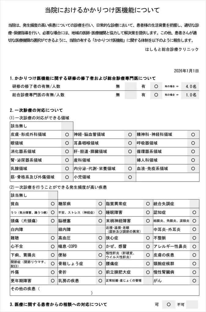 当院におけるかかりつけ医機能について（はしもと総合診療クリニック）