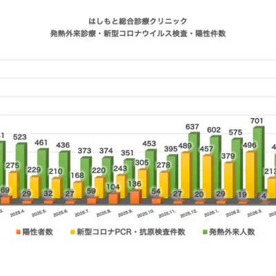 発熱外来診療・検査・陽性件数(2024.12~2026.6)はしもと総合診療クリニック